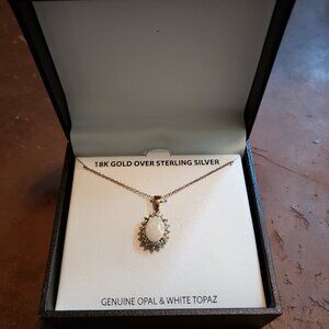18K Gold Over Sterling Silver Necklace w/ Genuine Opal & White Topaz Pendant